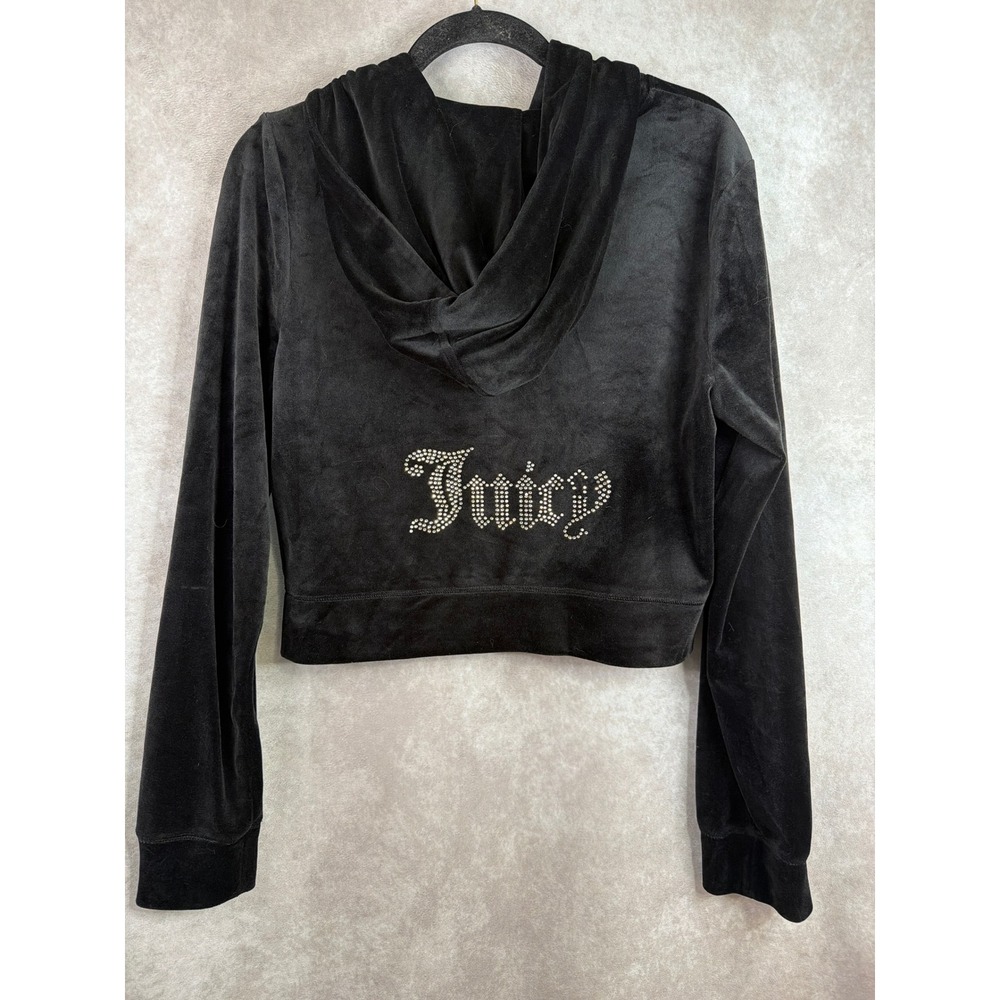 Y2K Juicy Couture Hoodie Women XL Black Velour Rhinestone Logo Cropped Zip Up
